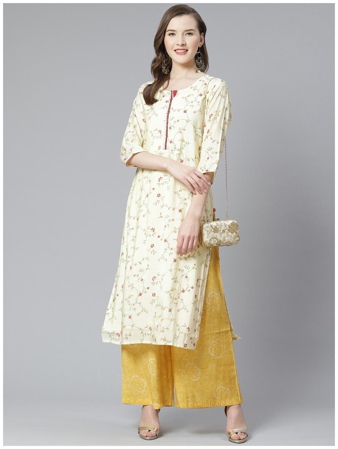 

Shree Women White Yellow Floral Straight Kurta With Palazzo