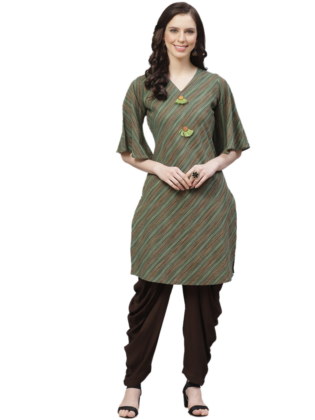 

Shree Women Green Brown Striped Straight Kurta With Dhoti Pants