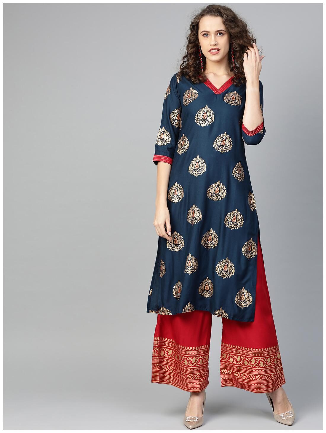

Shree Women Navy Blue Printed Straight Kurta With Palazzo