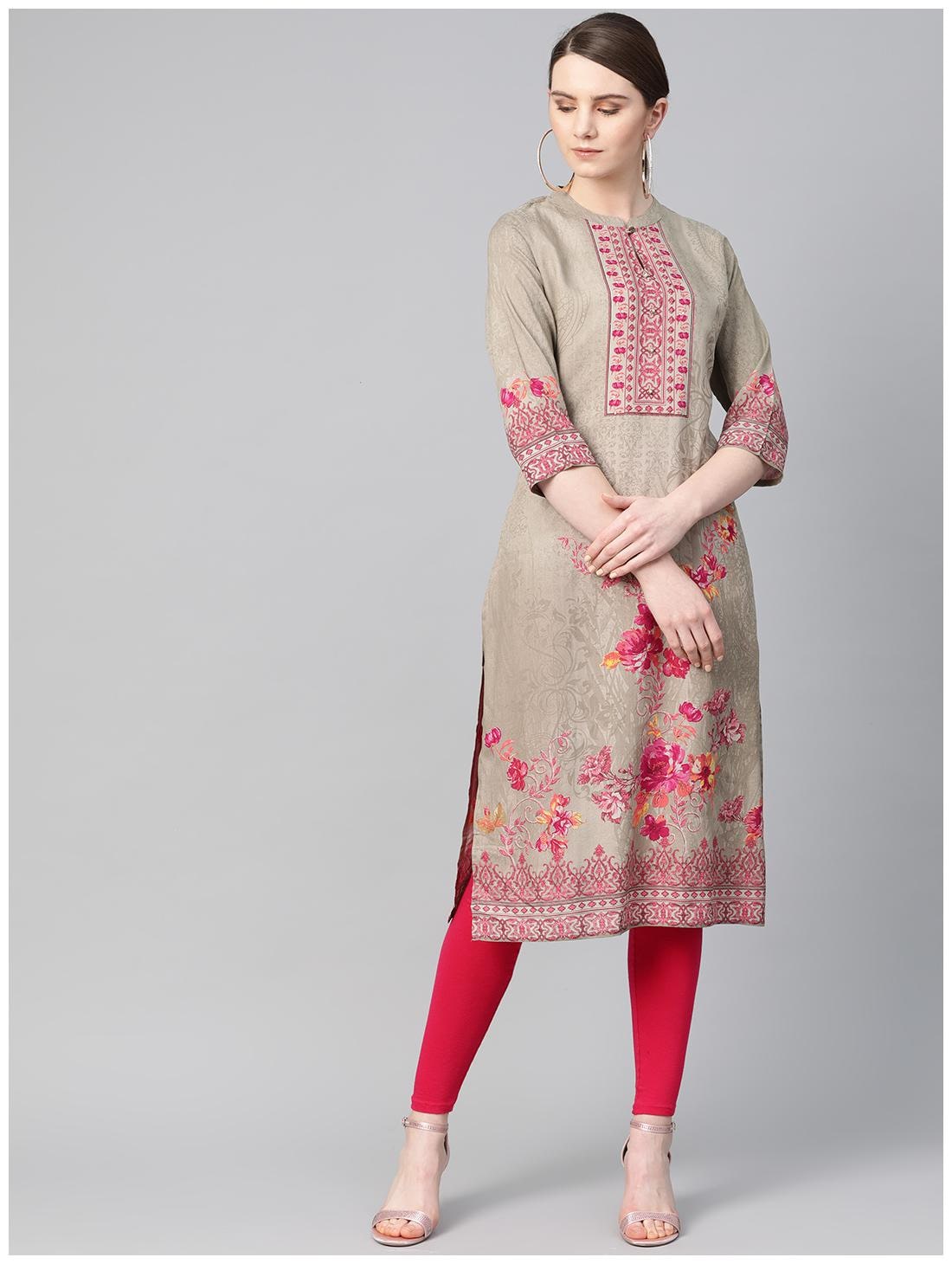 

Shree Women Beige Floral Straight Kurta