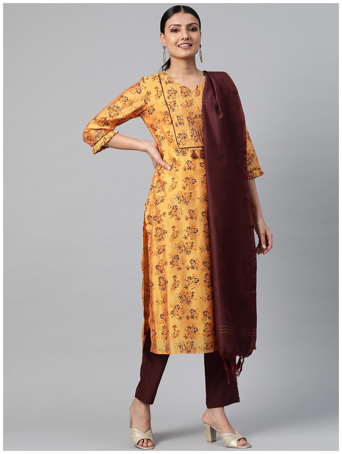 

Shree Women Mustard Floral Straight Kurta With Trousers And Dupatta