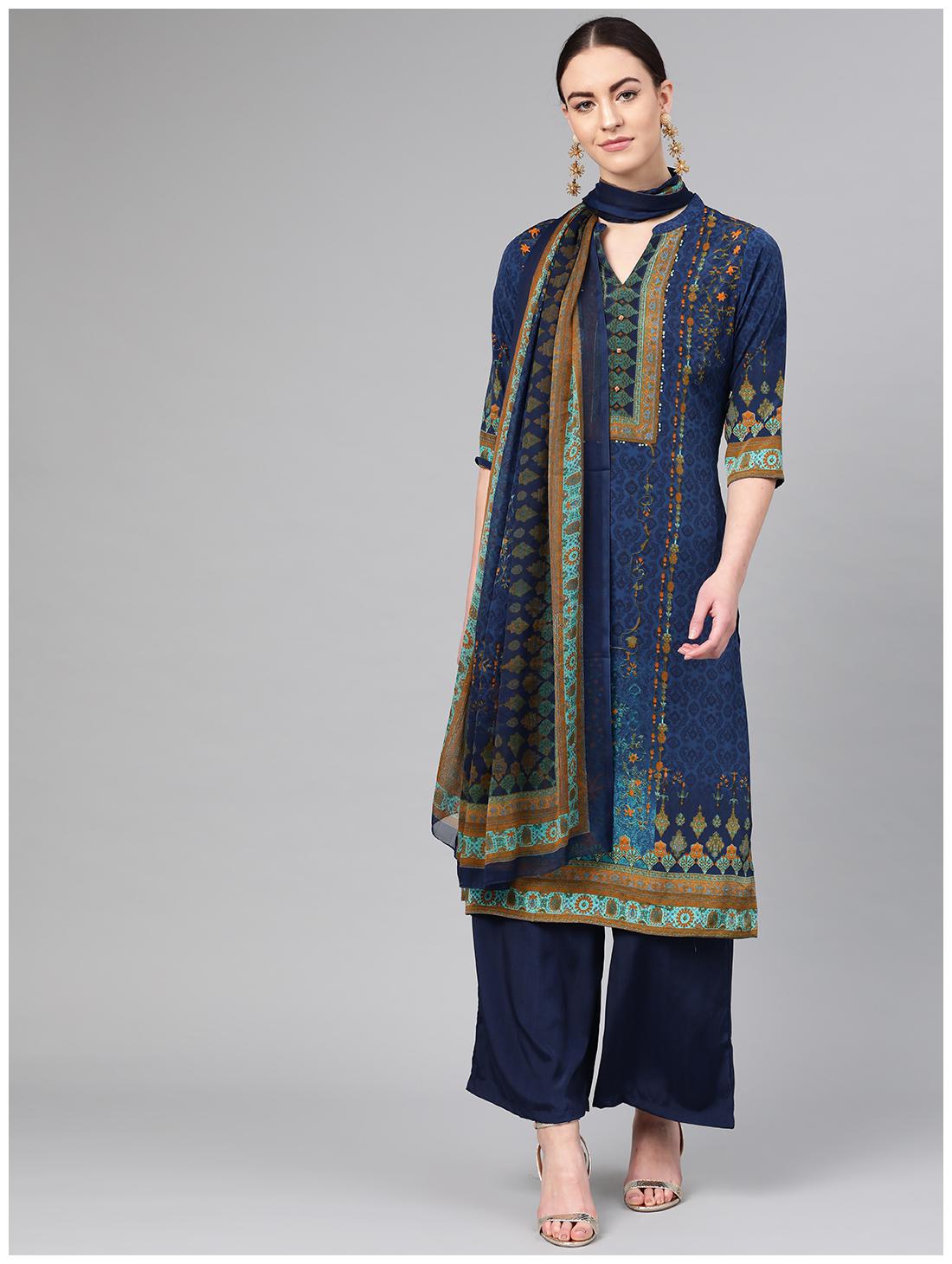 

Shree Women Navy Blue Floral Straight Kurti With Palazzo And Dupatta