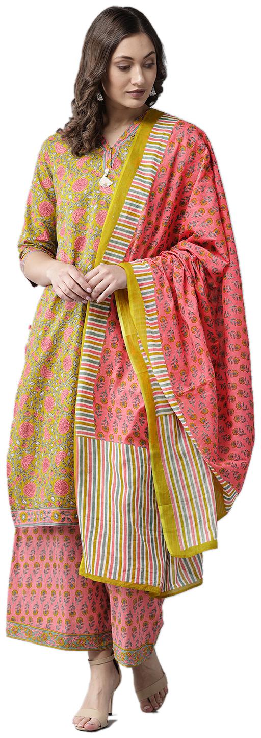 

Shree Women Green Floral Straight Kurti With Palazzo And Dupatta