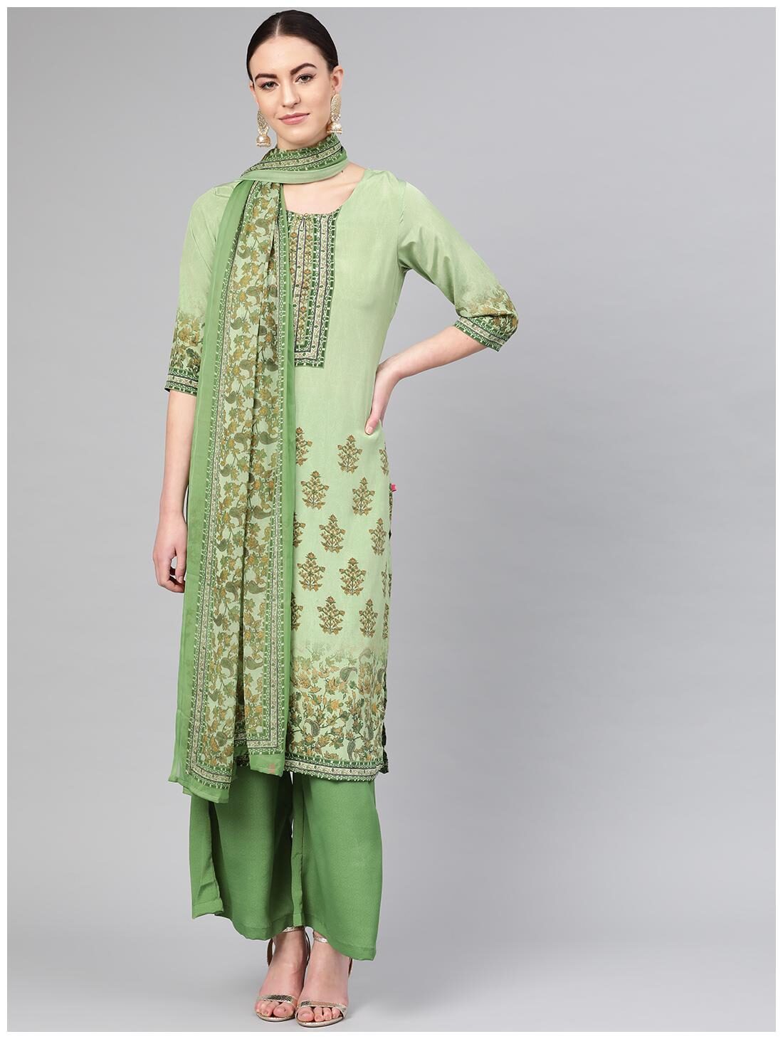 

Shree Women Green Floral Straight Kurti With Palazzo And Dupatta