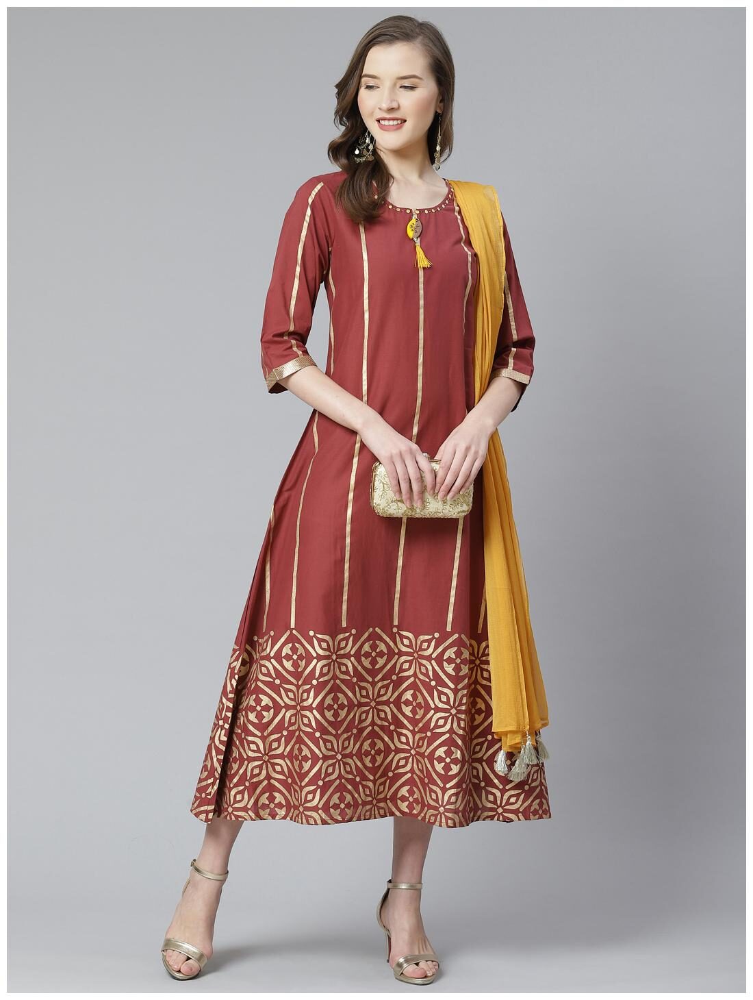 

Shree Women Light BrownCotton Stripe and Traditional Dress With Dupatta