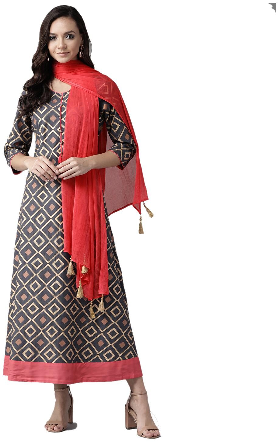 

Shree Women Cotton Round Neck Dress With Dupatta (Grey)