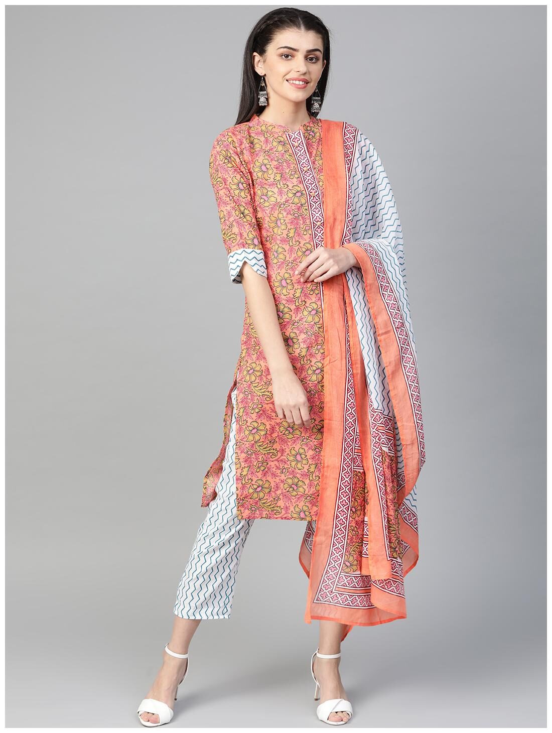 

Shree Women Pink Floral Straight Kurta With Palazzo And Dupatta