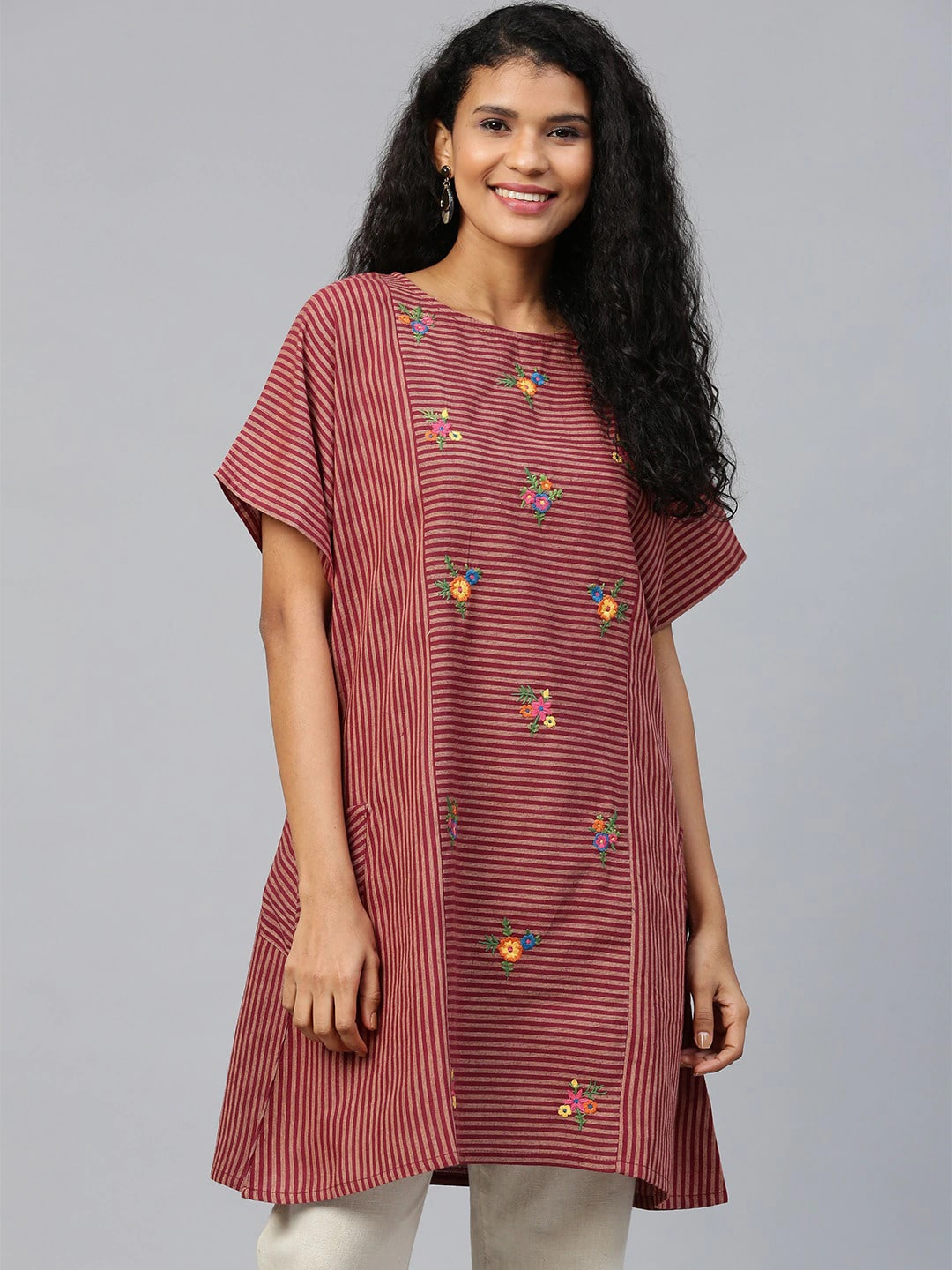 

Shree Women Maroon Cotton Striped Kurti