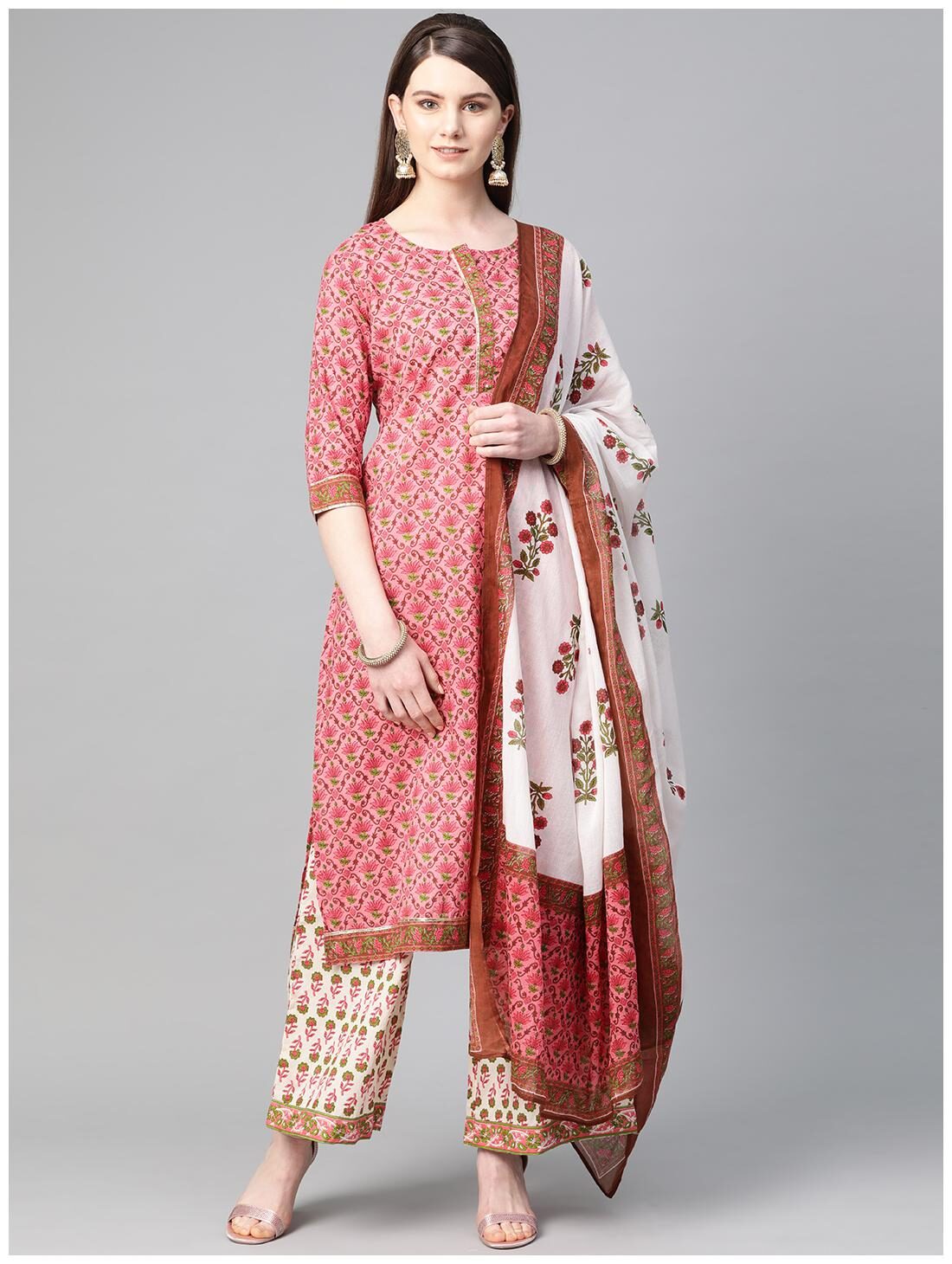 

Shree Women Pink Floral Straight Kurta With Palazzo And Dupatta