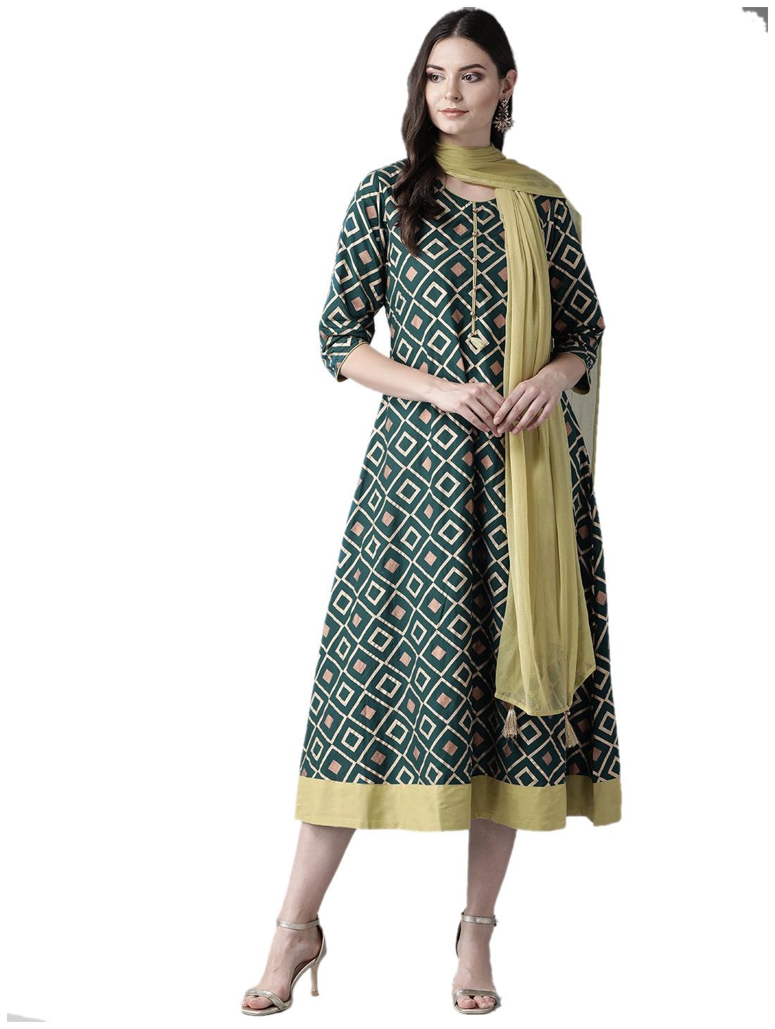 

Shree Women Cotton Round Neck Dress With Dupatta (Green)