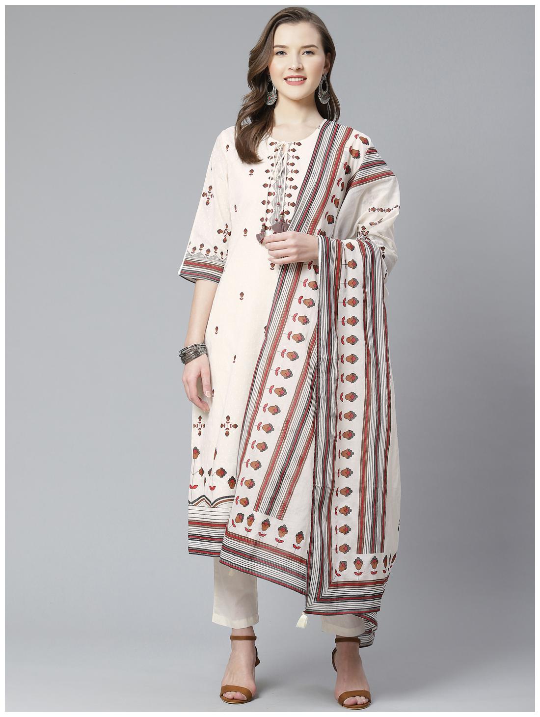 

Shree Women Cream Floral Straight Kurta With Pants And Dupatta
