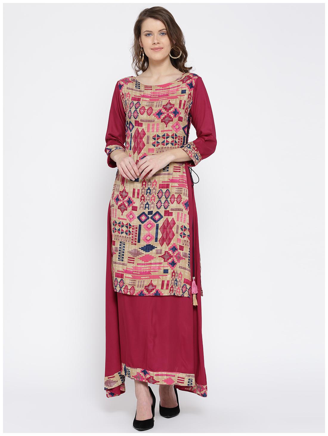 

Shree Women Beige Pink Rayon Printed Fusion Kurta