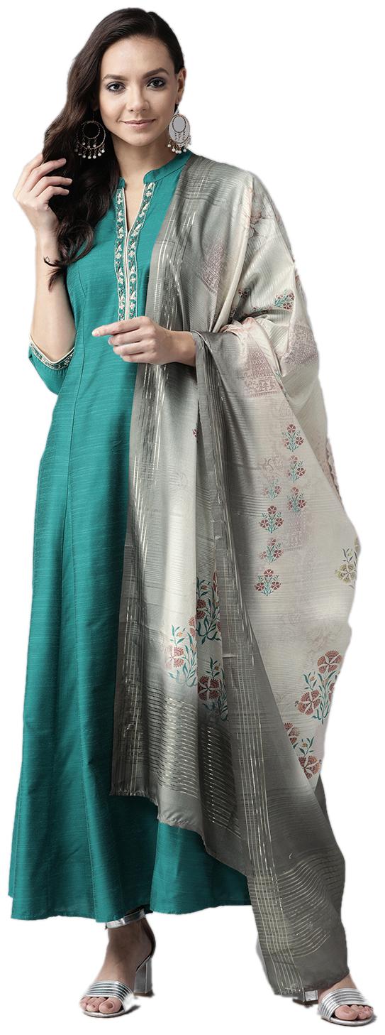 

Shree Women Dupion Silk Mandarin Collar Dress With Dupatta (Green)