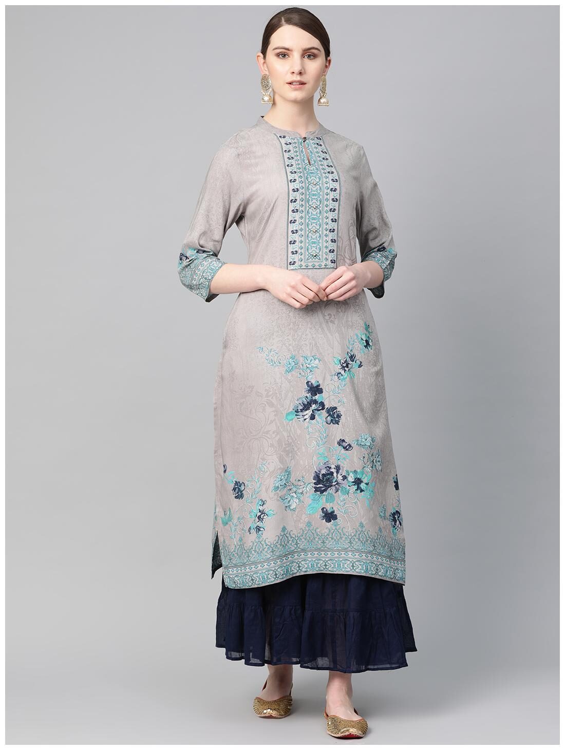 

Shree Women Grey Floral Straight Kurta