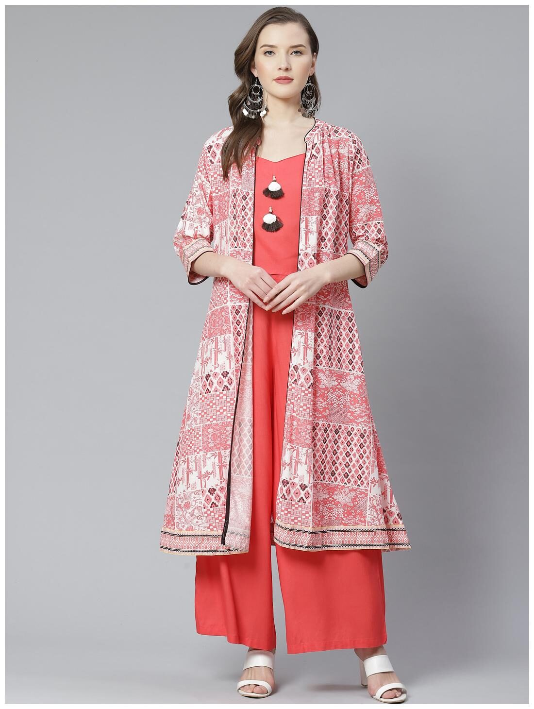 

Shree Women Peach Rayon Ikat Crop Top Jacket With Palazzo