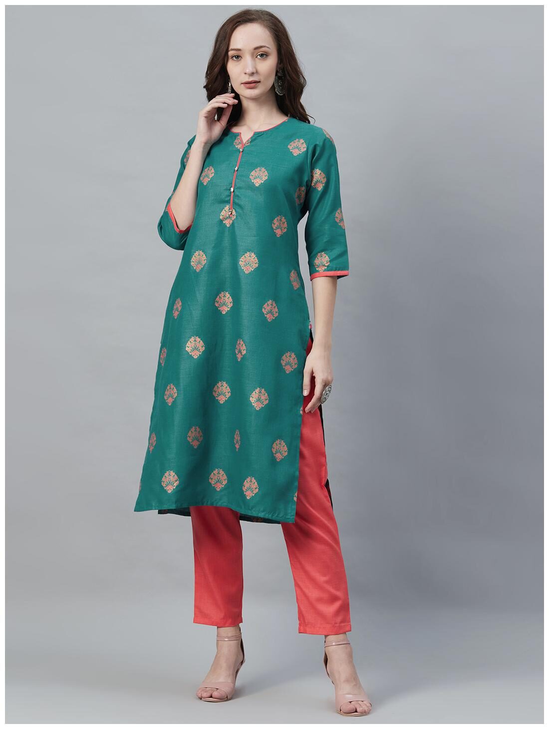 

Shree Women Turquoise Printed Straight Kurta With Trousers