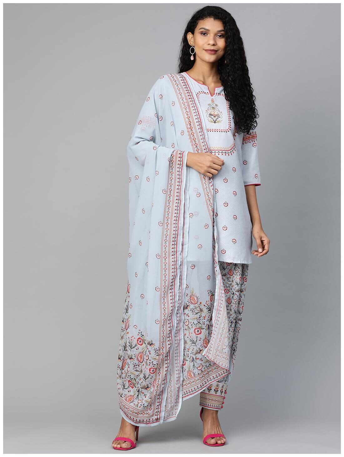 

Shree Women Blue Floral Straight Kurti With Salwar And Dupatta