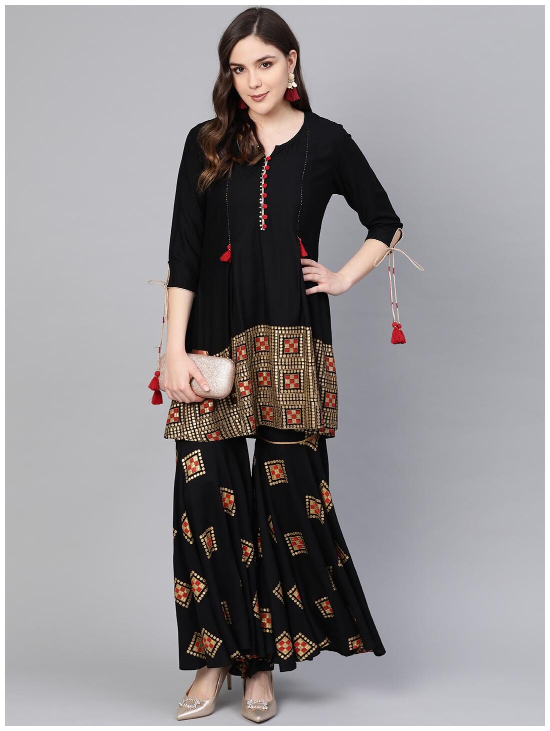 

Shree Women Rayon Geometric Kurta Sharara Black