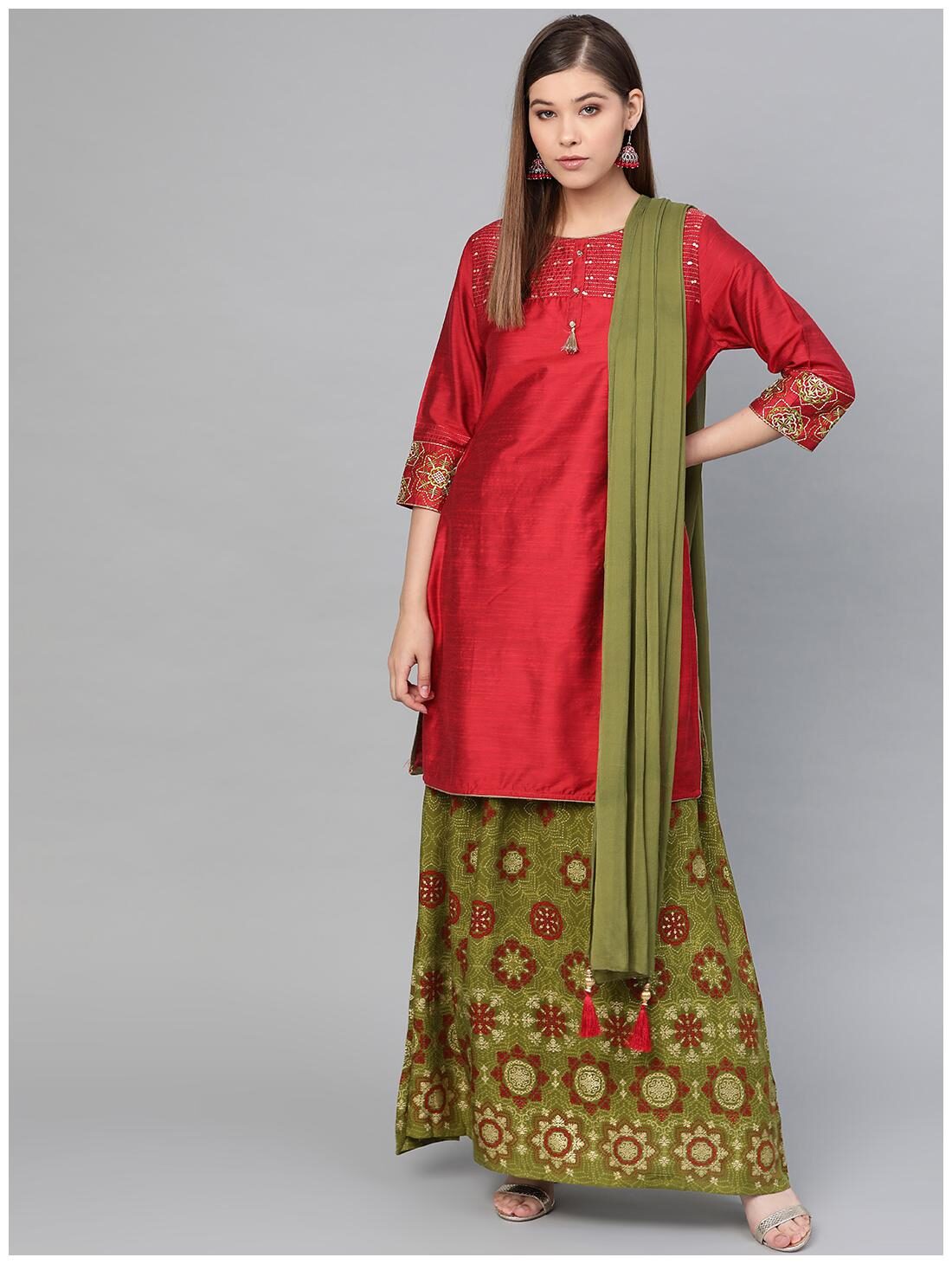 

Shree Women Maroon Solid Straight Kurta With Skirt And Dupatta