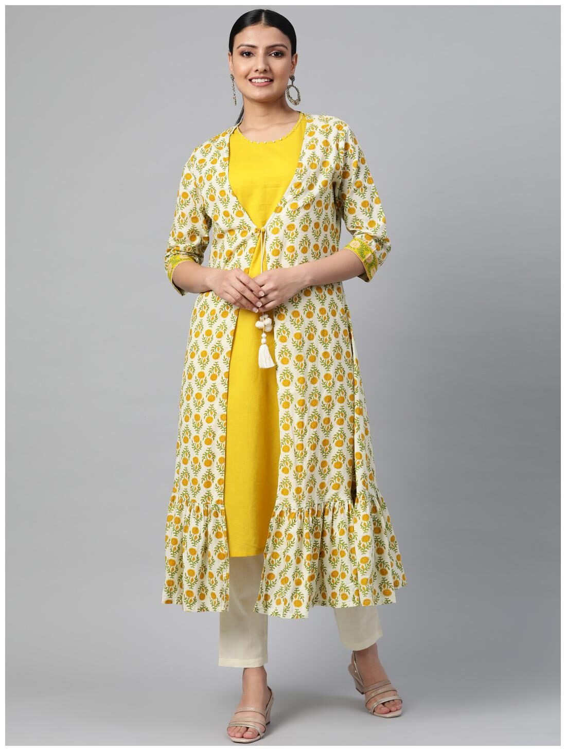 

Shree Women Yellow Solid Straight Kurta With Pants