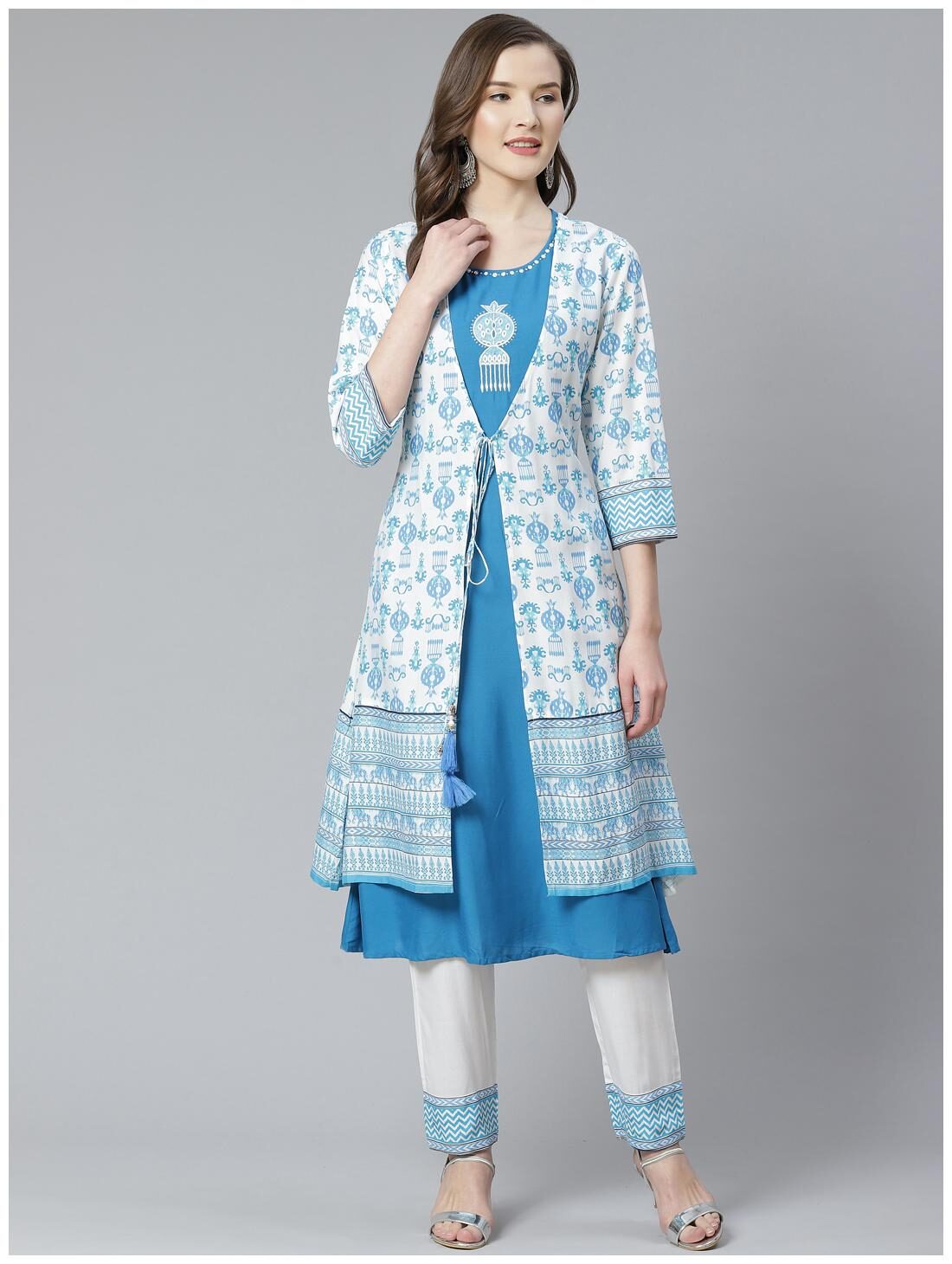 

Shree Women Blue Rayon Ikat Kurta Jacket With Trouser