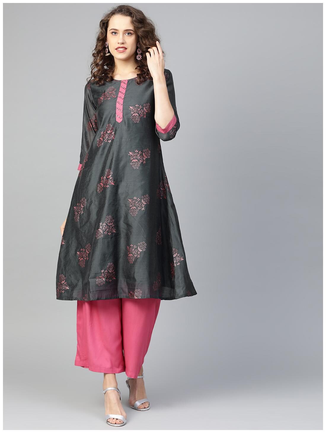 

Shree Women Chanderi A-Line Kurta With Palazzo -Grey