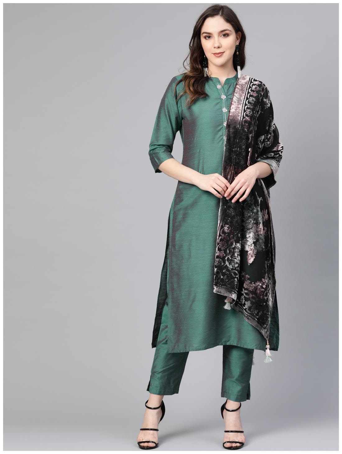 

Shree Women Green Solid Straight Kurta With Palazzo And Dupatta