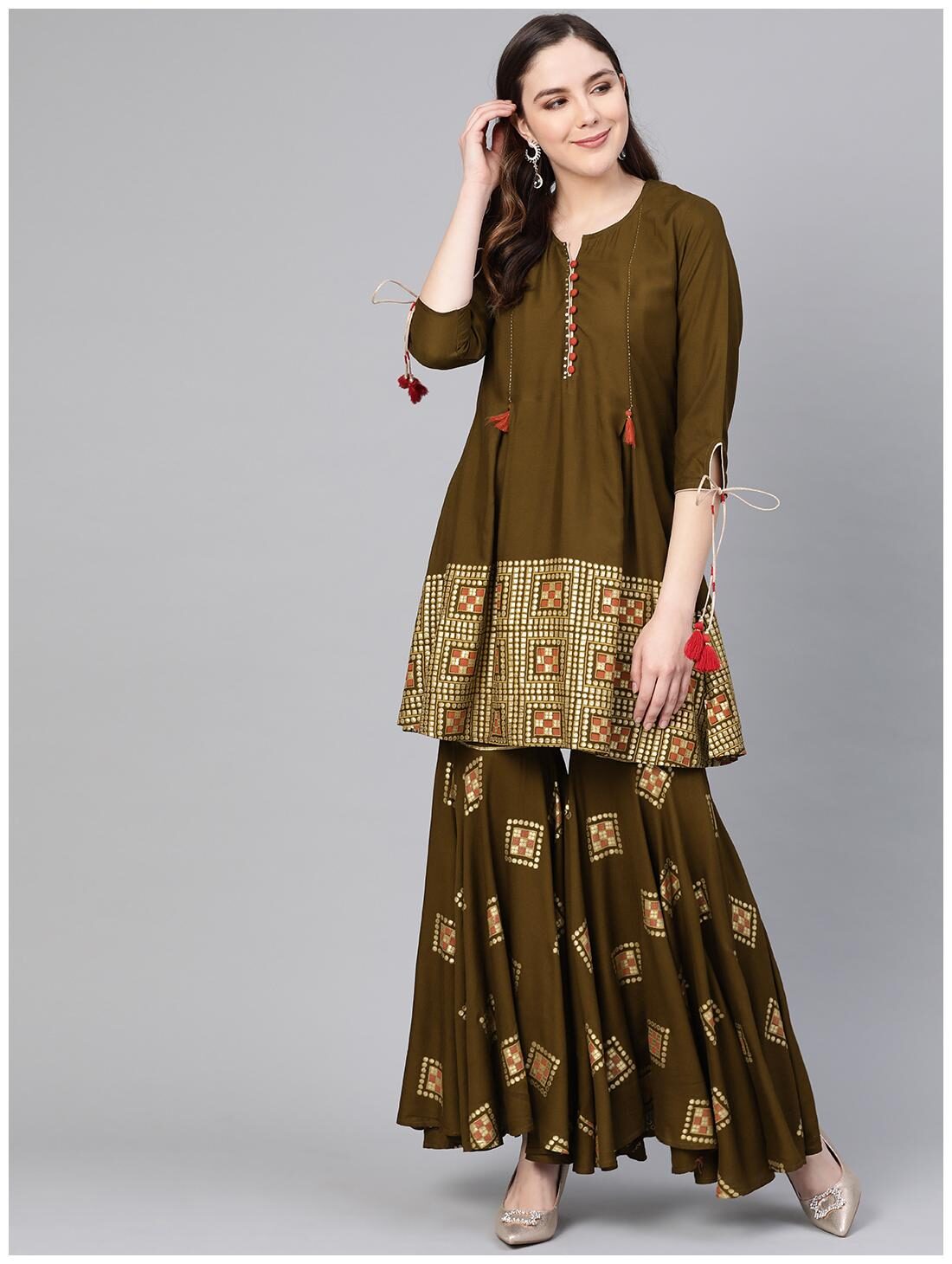 

Shree Women Rayon Geometric Kurta Sharara Brown