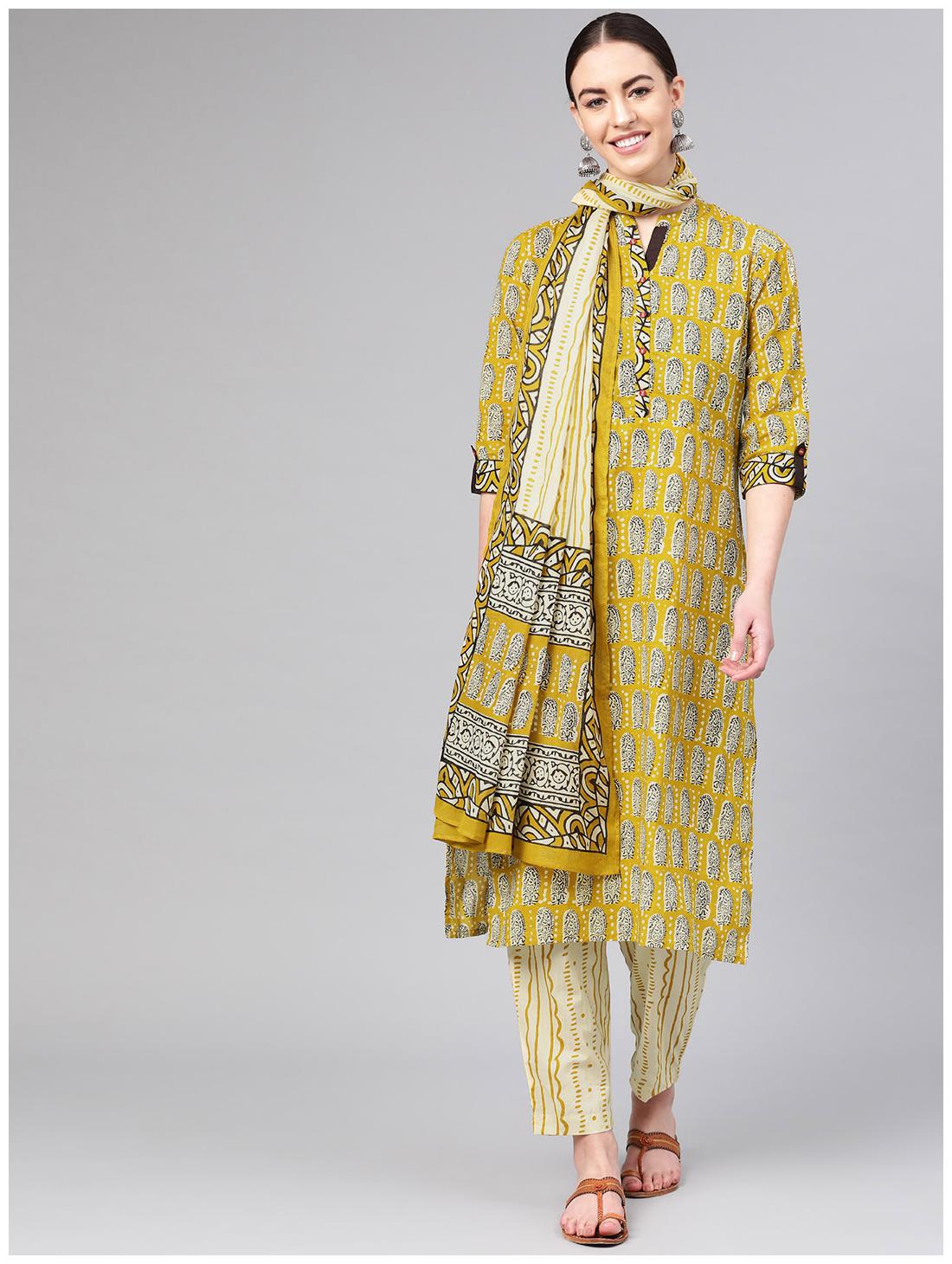 

Shree Women Yellow Printed Straight Kurti With Trousers And Dupatta