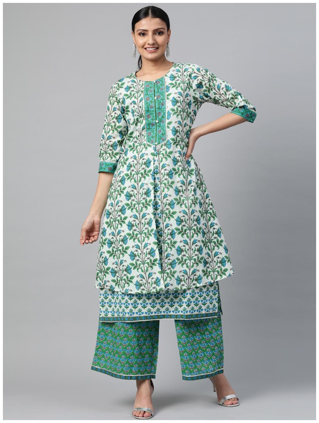 

Shree Women Green Floral Straight Kurta With Palazzo