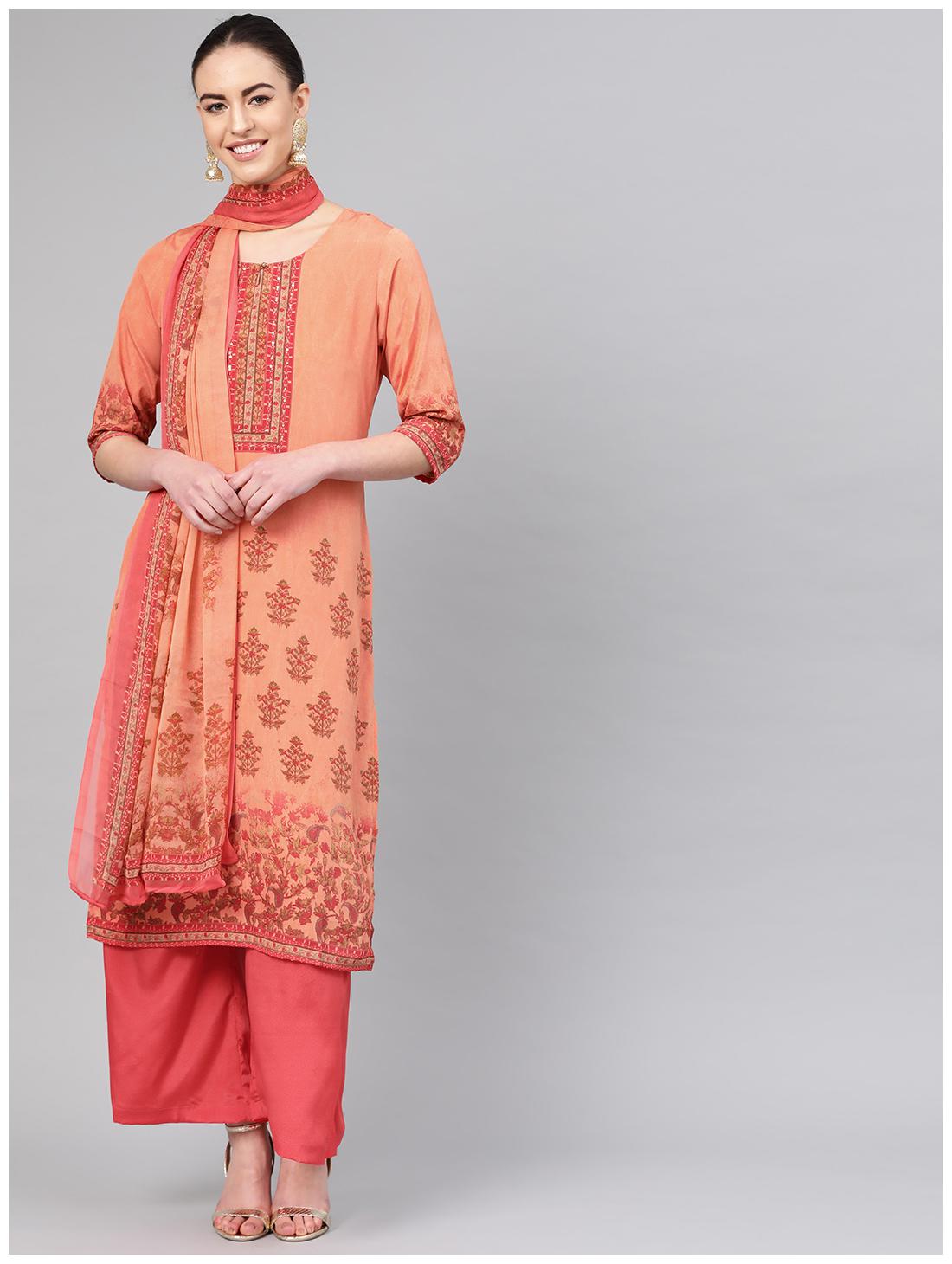 

Shree Women Peach Floral Straight Kurta With Palazzo And Dupatta
