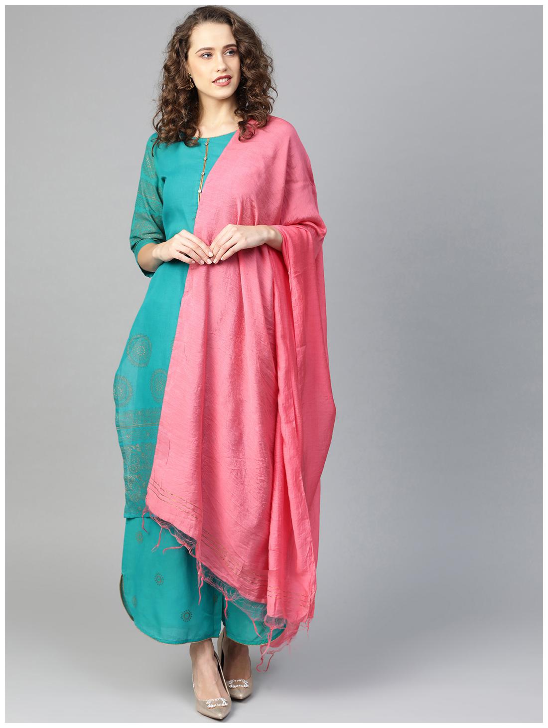 

Shree Women Cotton A-Line Suit Set -Blue Pink