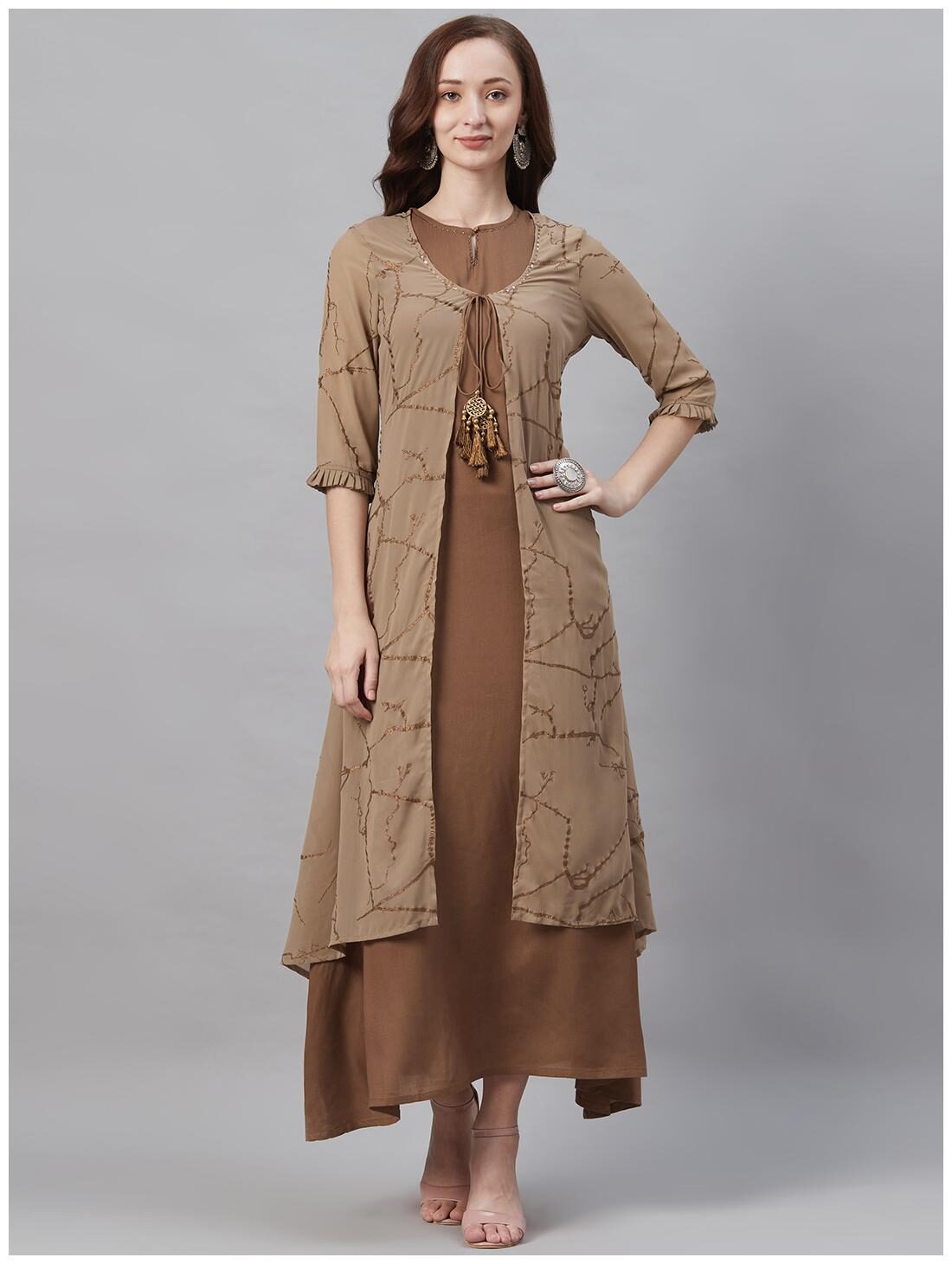 

Shree Women Brown Polyester Kurta Dress With Shrug