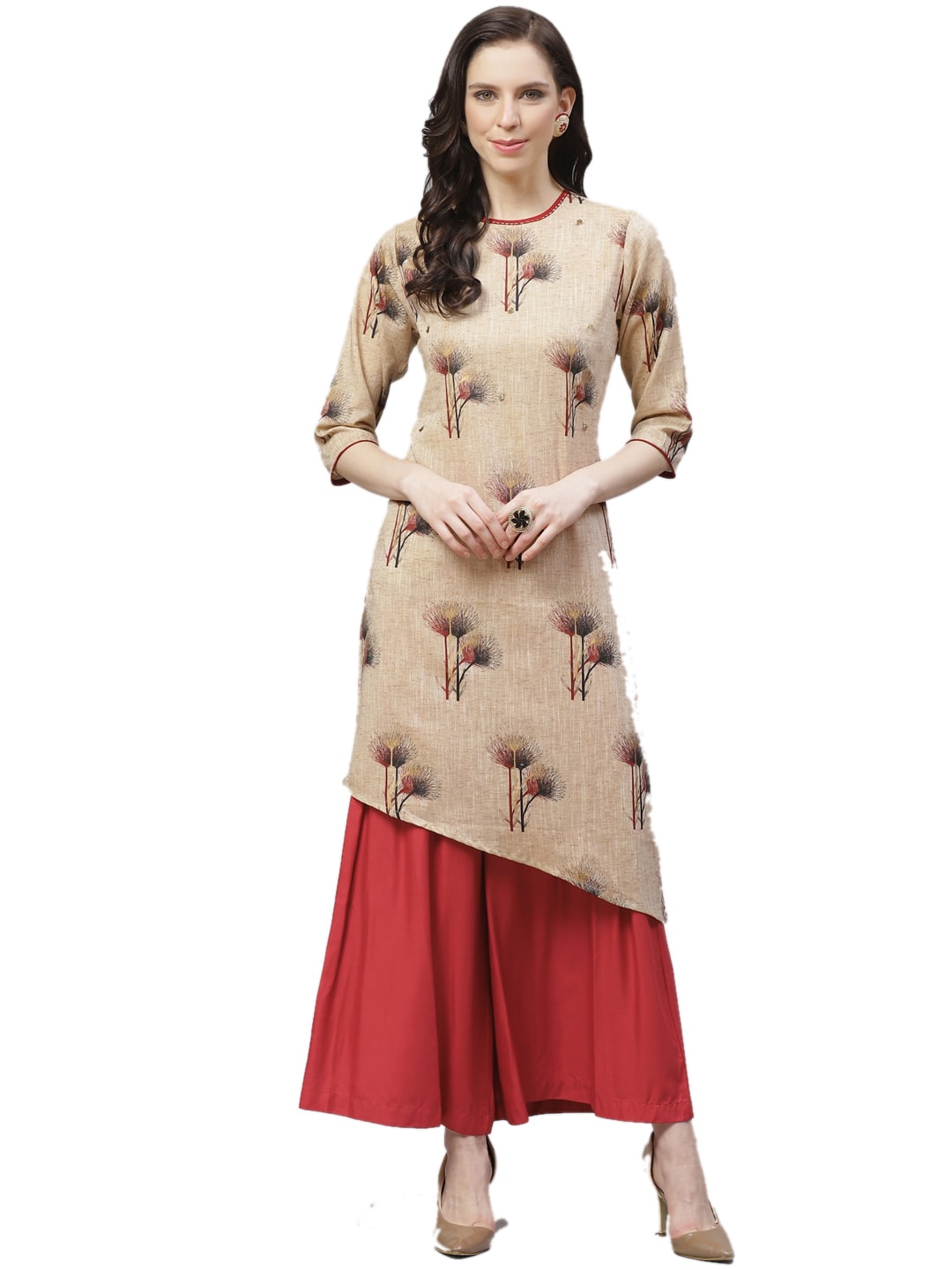 

Shree Women Beige Red Floral Asymmetric Kurta With Palazzo