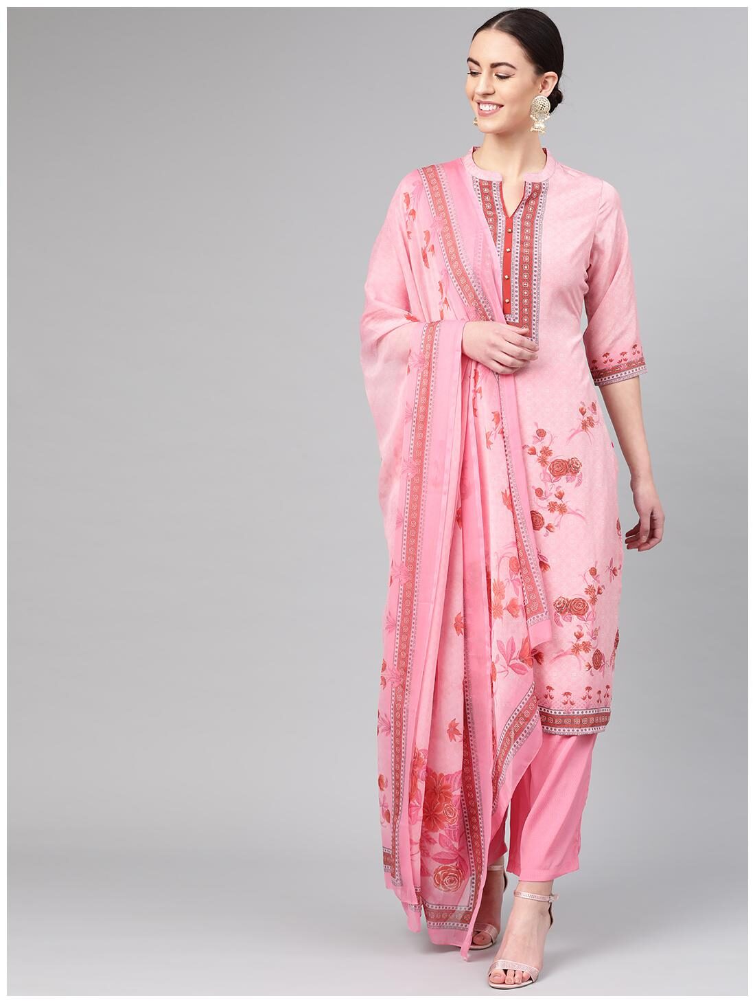 

Shree Women Pink Floral Straight Kurti With Palazzo And Dupatta