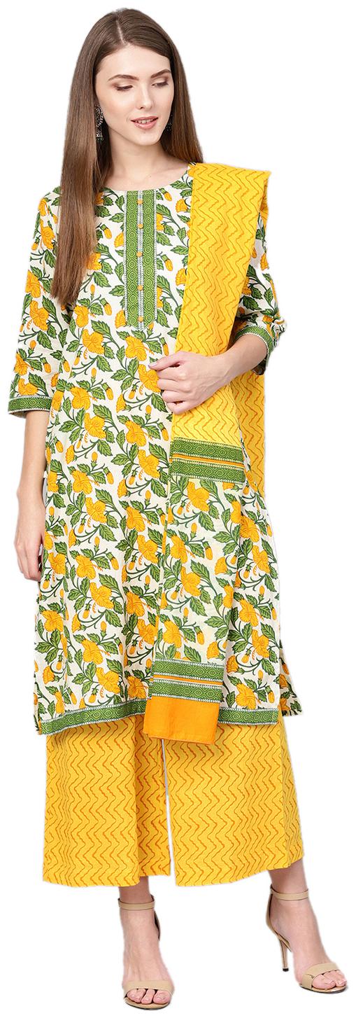 

Shree Women Yellow Floral Straight Kurta With Palazzo And Dupatta