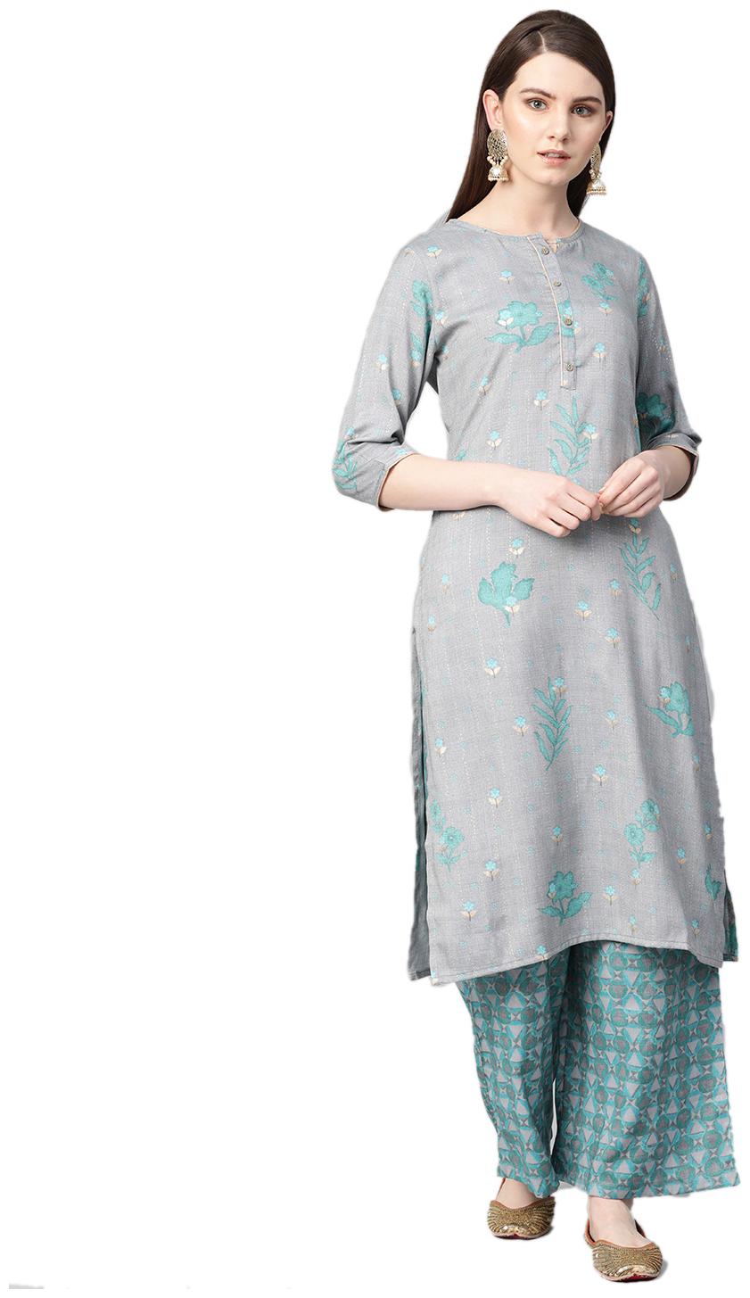 

Shree Women Grey Floral Straight Kurta With Palazzo