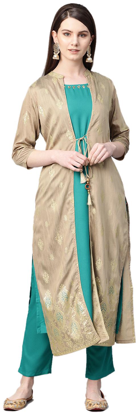 

Shree Women Rayon Solid Beige Turquoise Kurta With Trousers