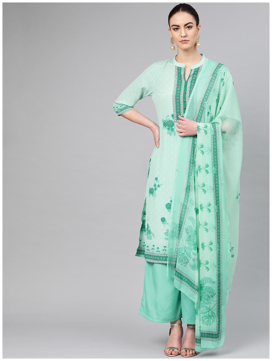 

Shree Women Green Floral Straight Kurti With Palazzo And Dupatta