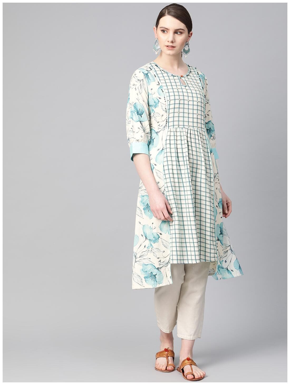 

Shree Women Cotton Floral Blue Off White Kurta
