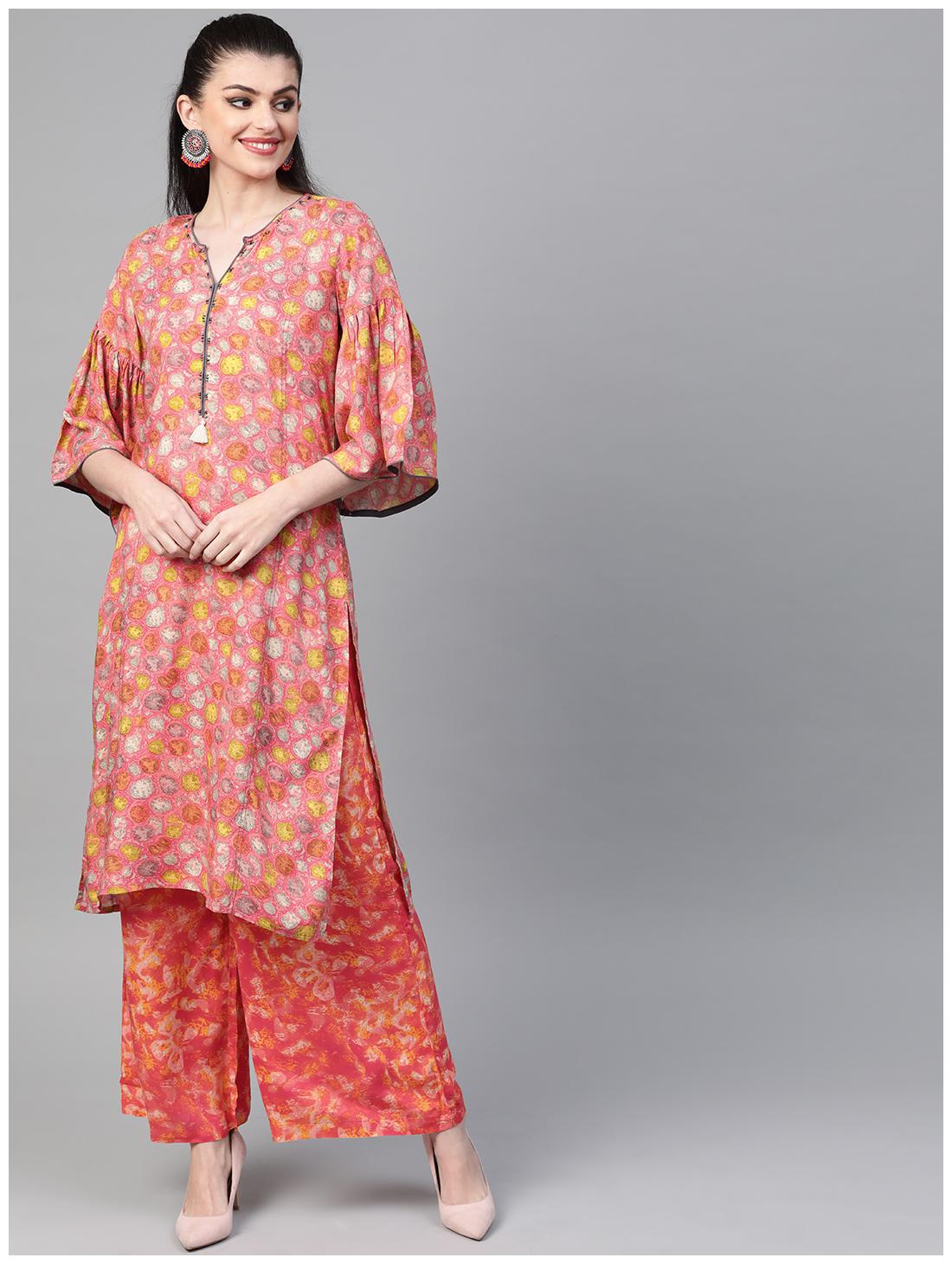 

Shree Women Pink Abstract Straight Kurta With Palazzo