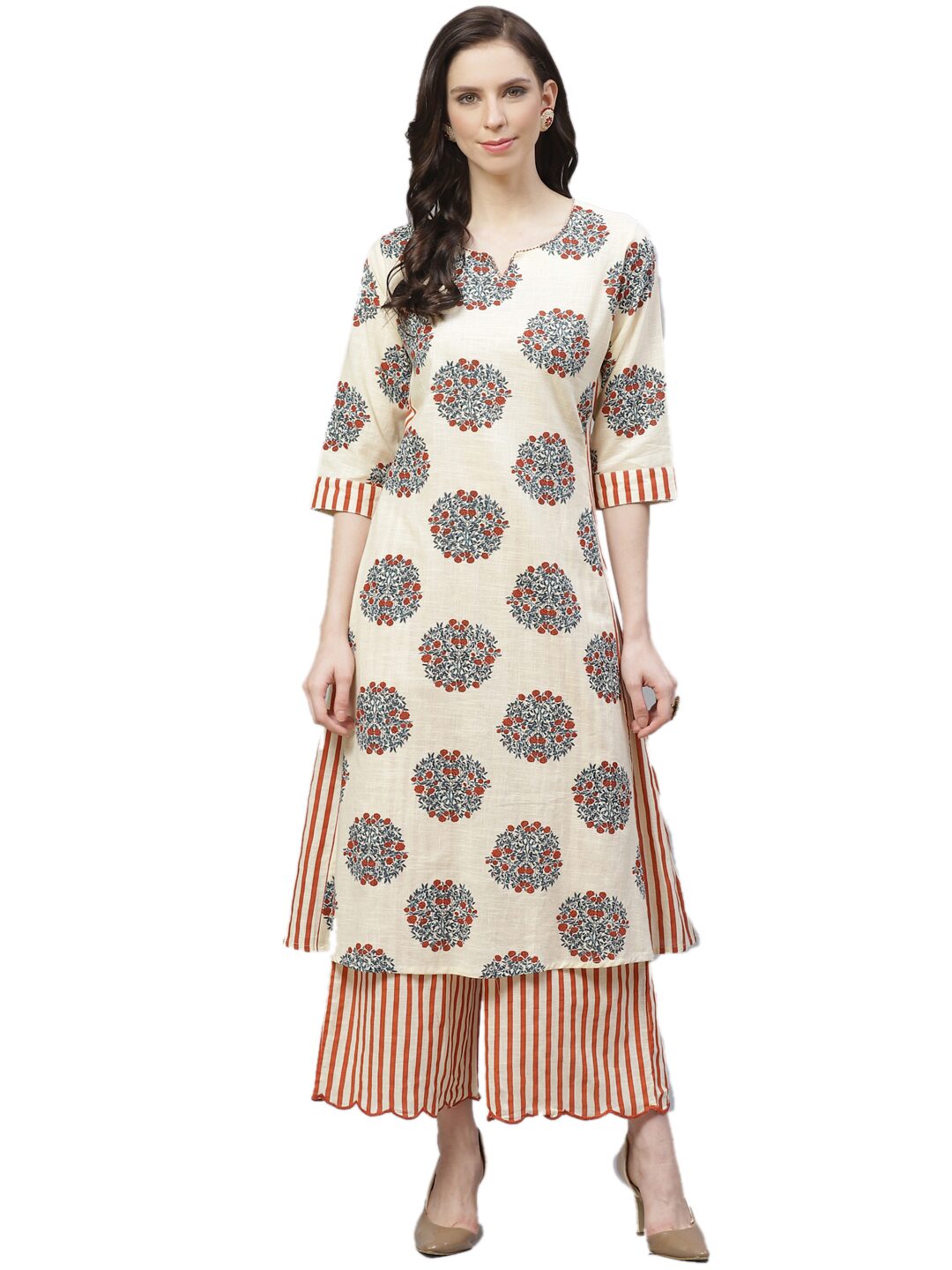 

Shree Women Cotton Regular Fit Kurta With Palazzo (Red Cream)