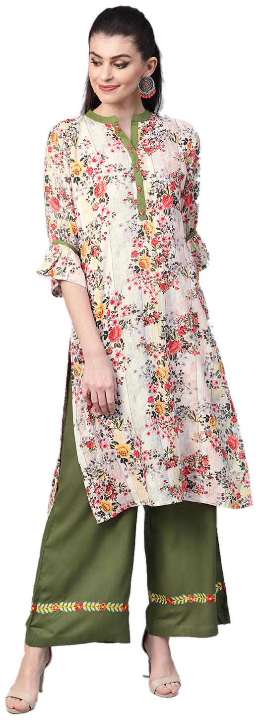 

Shree Women Off White Green Floral Straight Kurta With Palazzo