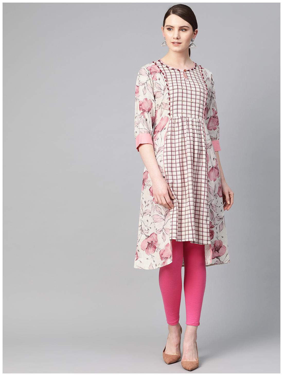 

Shree Women Cotton Floral Pink Off White Kurta