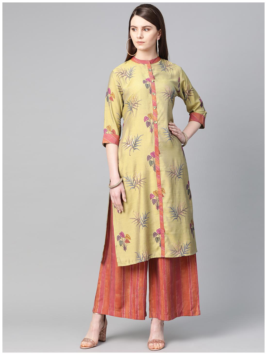 

Shree Women Green Orange Printed Straight Kurta With Palazzo