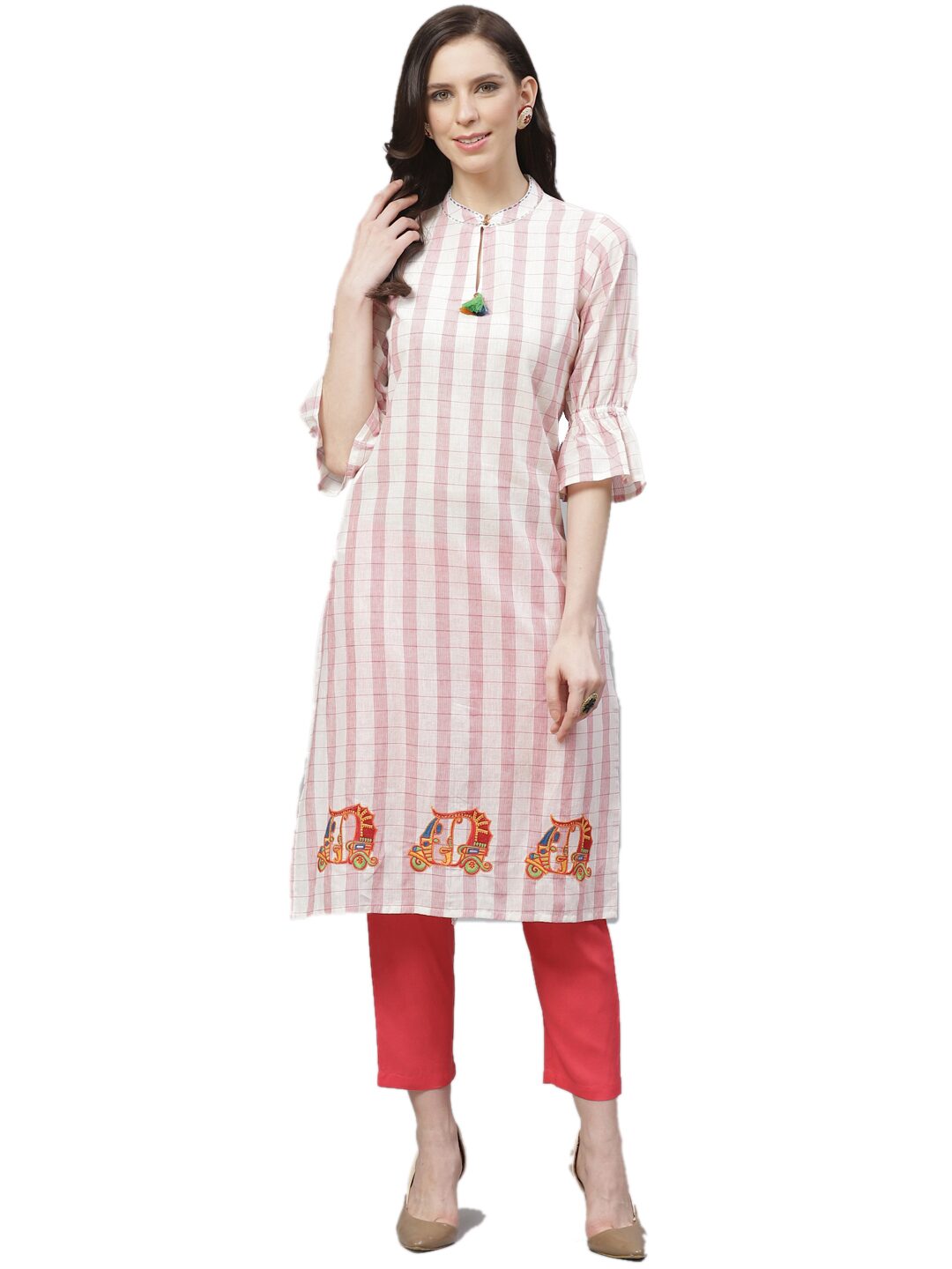 

Shree Women Cotton Regular Fit Kurta With Pant (White Red)