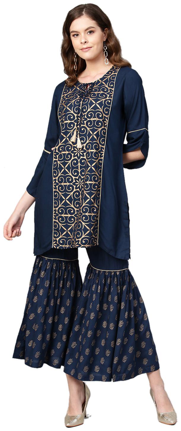

Shree Women Navy Blue Printed Straight Kurta With Sharara