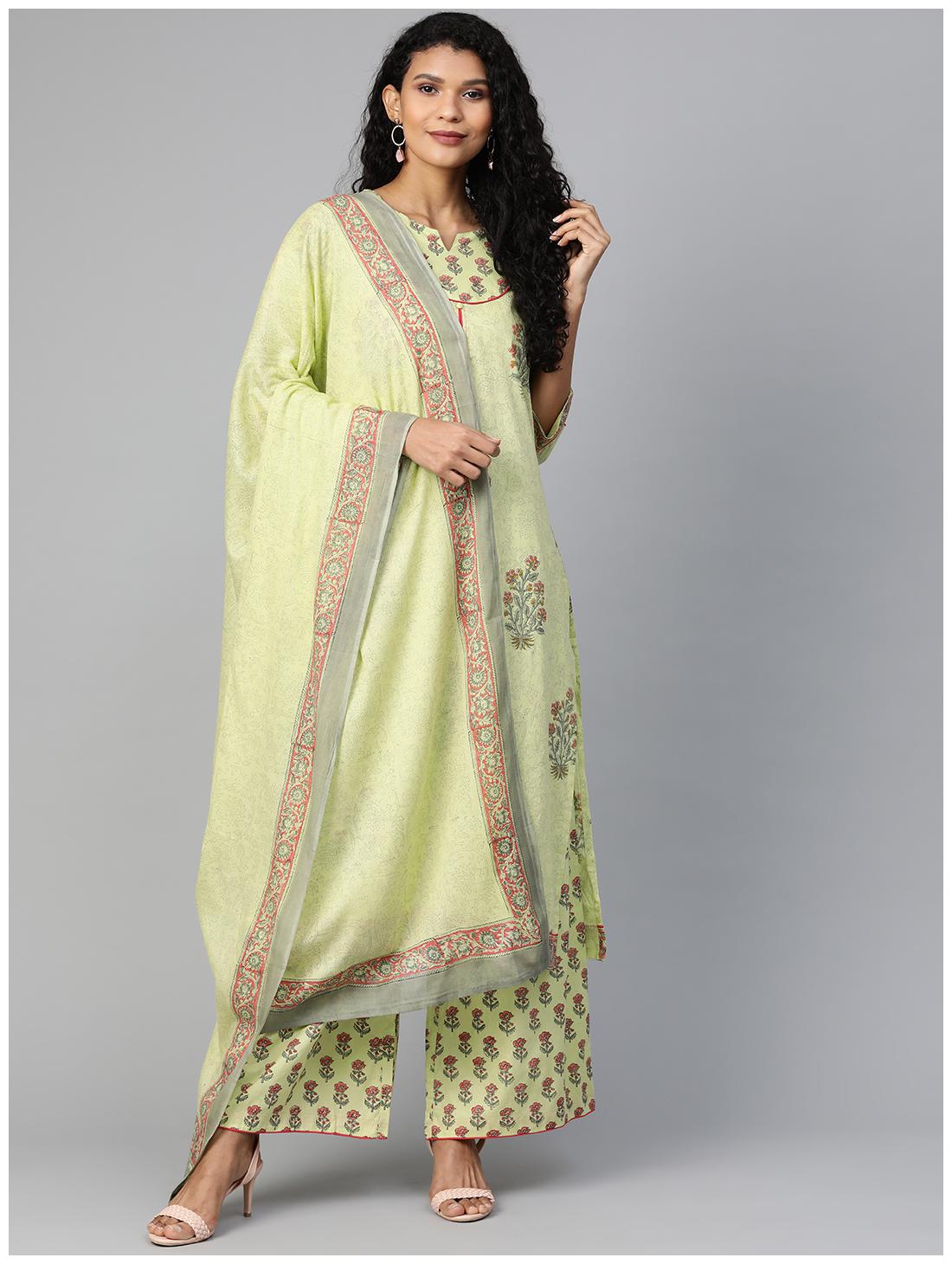 

Shree Women Green Floral Straight Kurta With Palazzo And Dupatta