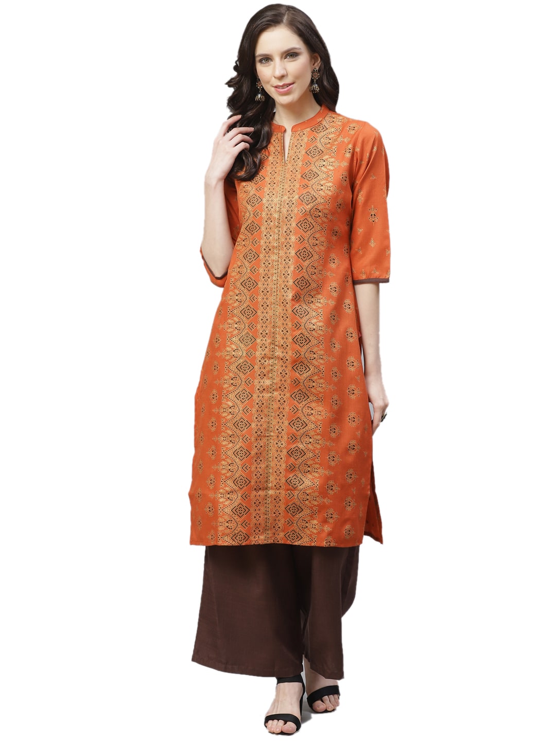 

Shree Women Brown Orange Printed Straight Kurta With Palazzo
