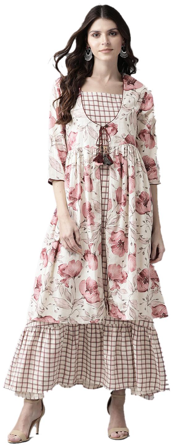

Shree Women Off-White Pink Cotton Floral Dress With Jacket